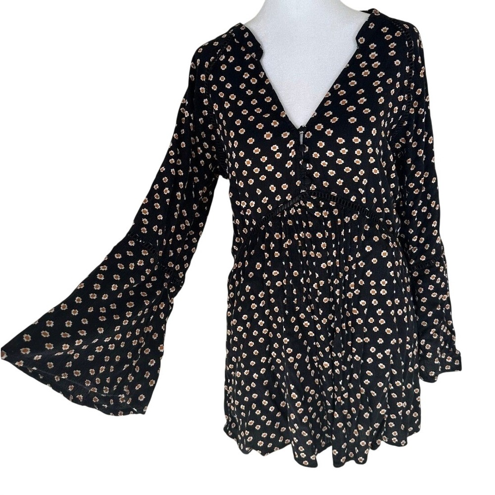 Amuse Society Love Struck Woven Mini Dress Women M Black Boho Bell Sleeve Boho